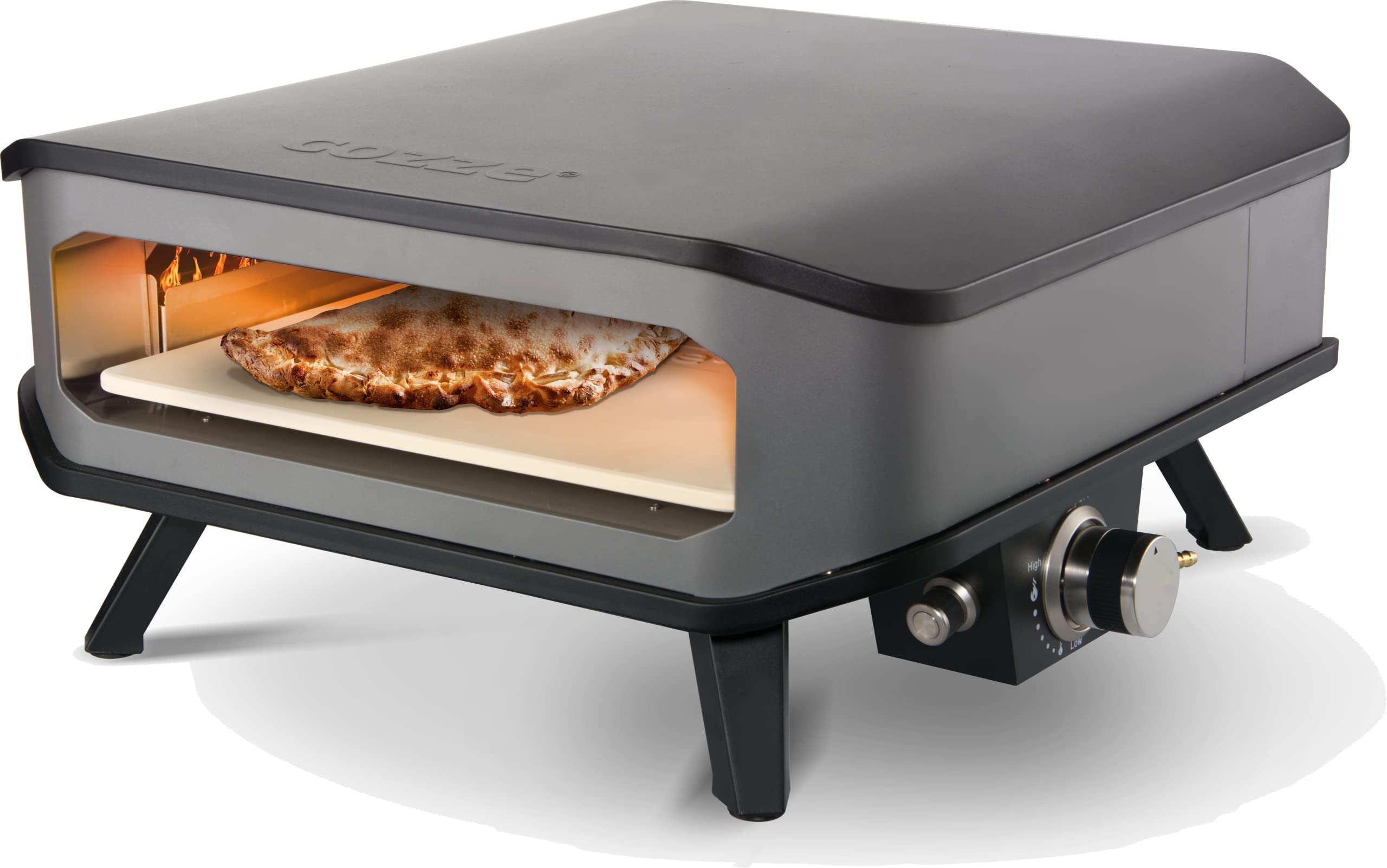 cozze - 90346 17" Gas Pizza Ofen | Pizzaofen mit Pizzastein | Gasgrill bis 400°Grad | mit 42,50 x42,50 cm Pizzastein | Geeignet für Terrasse, Balkon und Garten | 8kW, Black