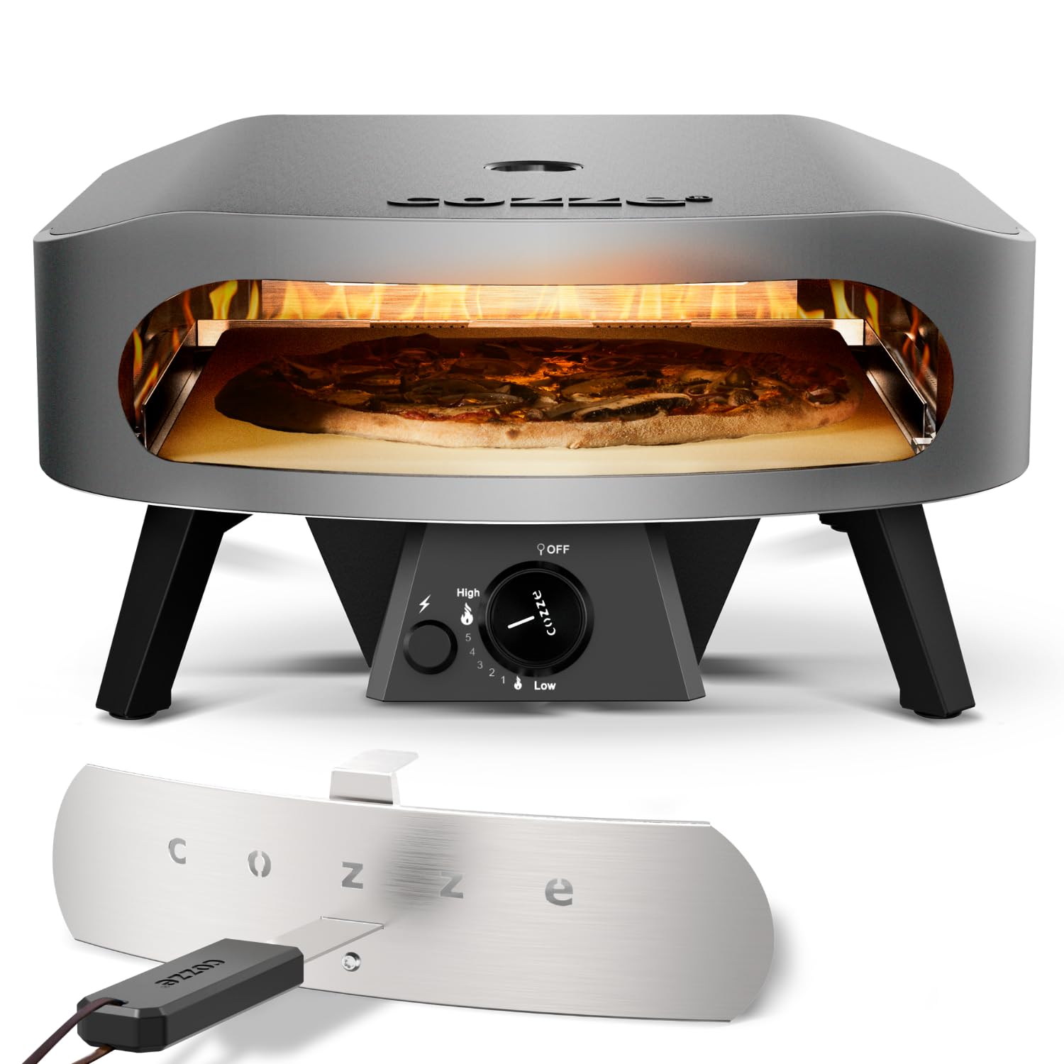 cozze 17" Großer Pizzaofen Gas Outdoor (50mbar) - Pizza Backofen mit Regulator für Familienpizzen – Inkl. Gasschlauch & Regler – 8,0 kW U-Brenner – für Garten & Terrasse