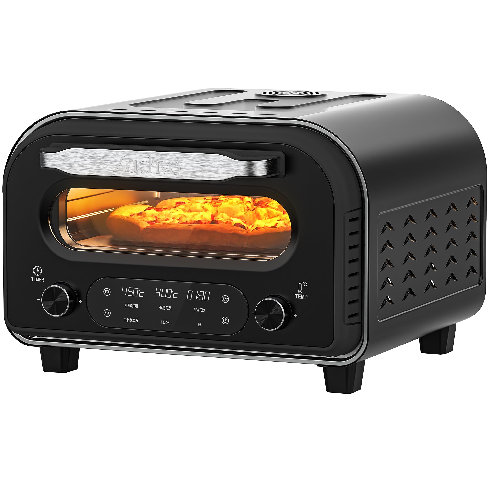 ZACHVO Elektrischer Pizzaofen - bis 450℃, 5 voreingestellte Pizzaarten, 1-60 Min Timer, Touchscreen & Drehregler, Edelstahlgehäuse, für 32cm Pizza, inkl. Pizzastein, Pizzaschieber, Rezeptbuch, Schwarz