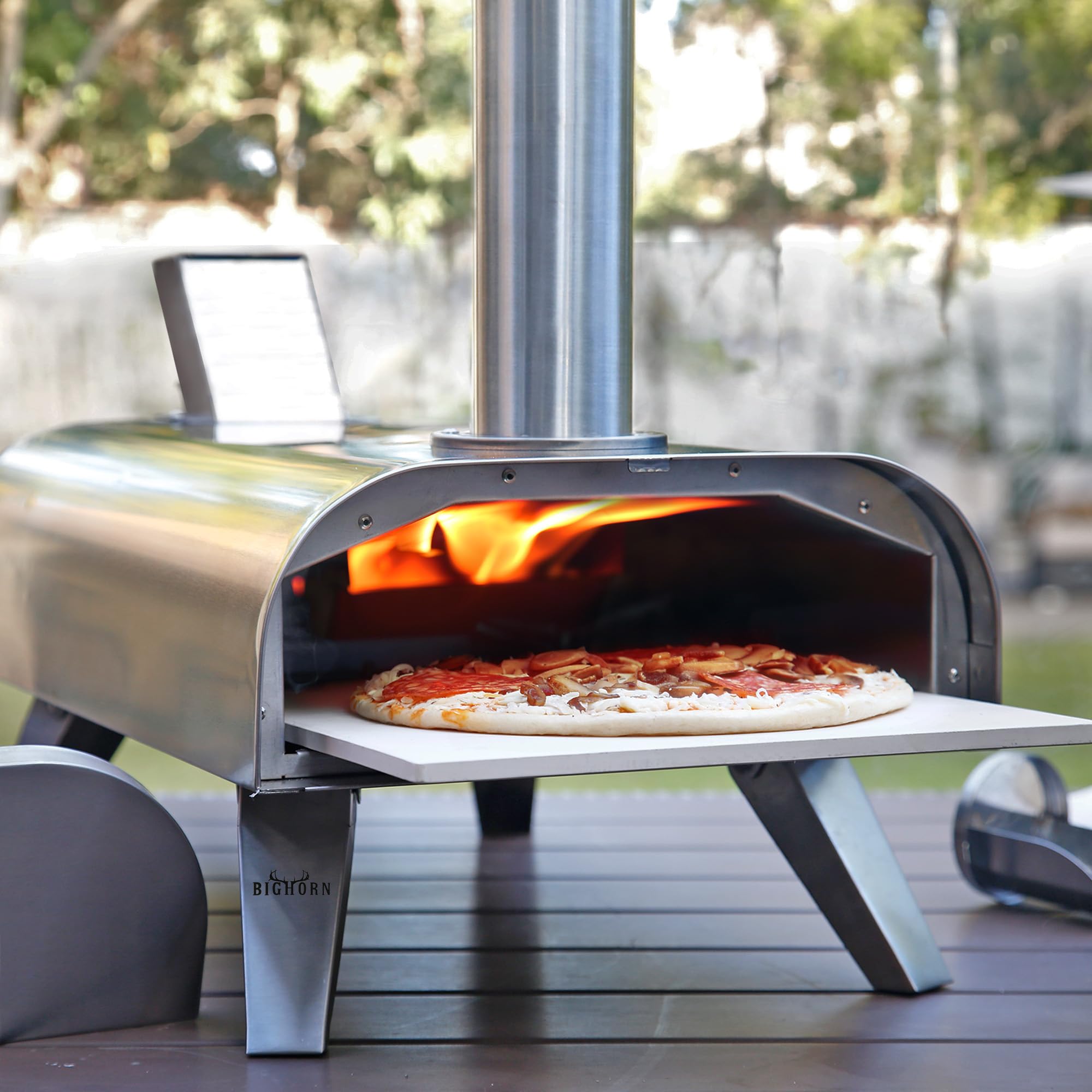 BIG HORN OUTDOORS Pizzaofen für Holzpellets, tragbarer Edelstahl-Pizzagrill