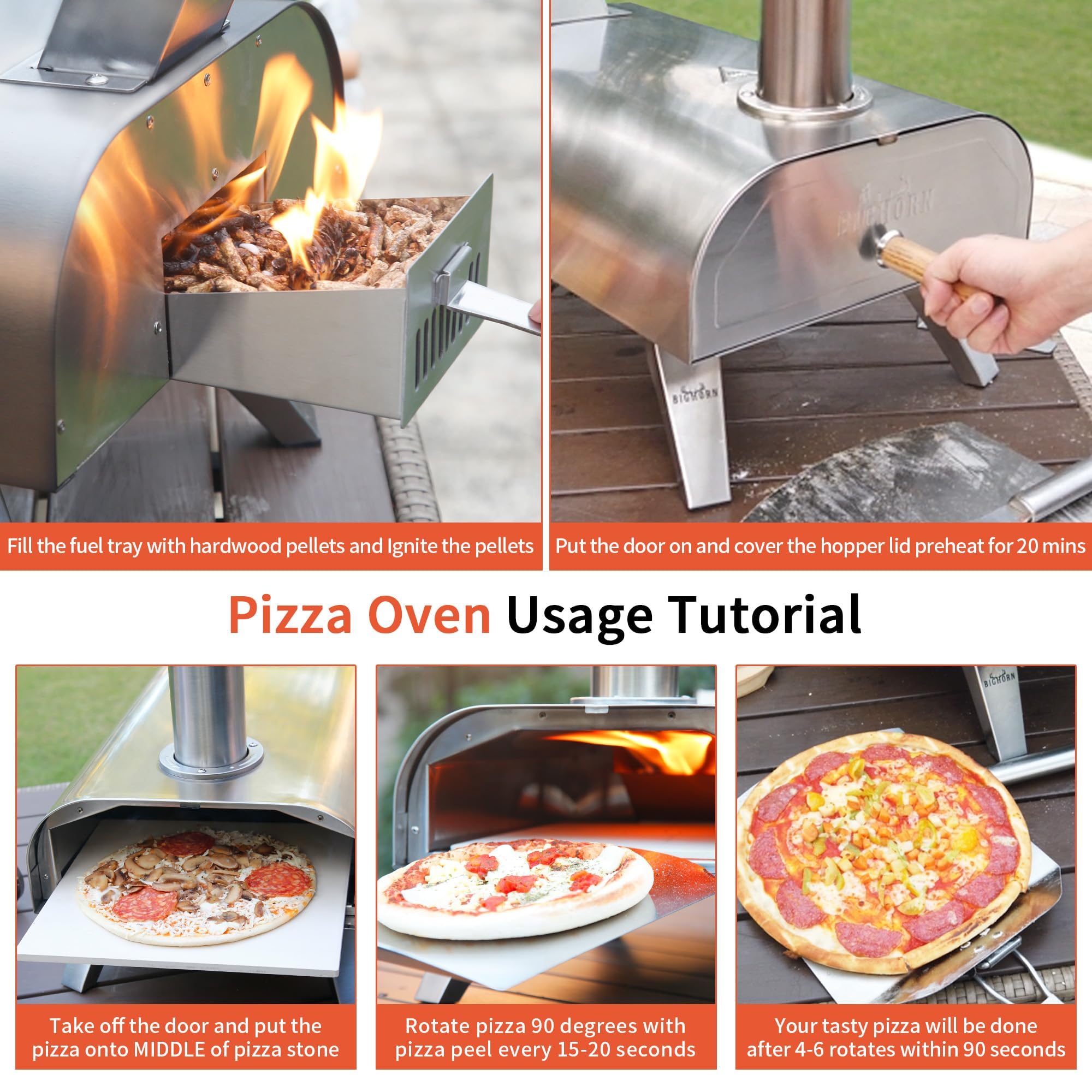 BIG HORN OUTDOORS Pizzaofen für Holzpellets, tragbarer Edelstahl-Pizzagrill