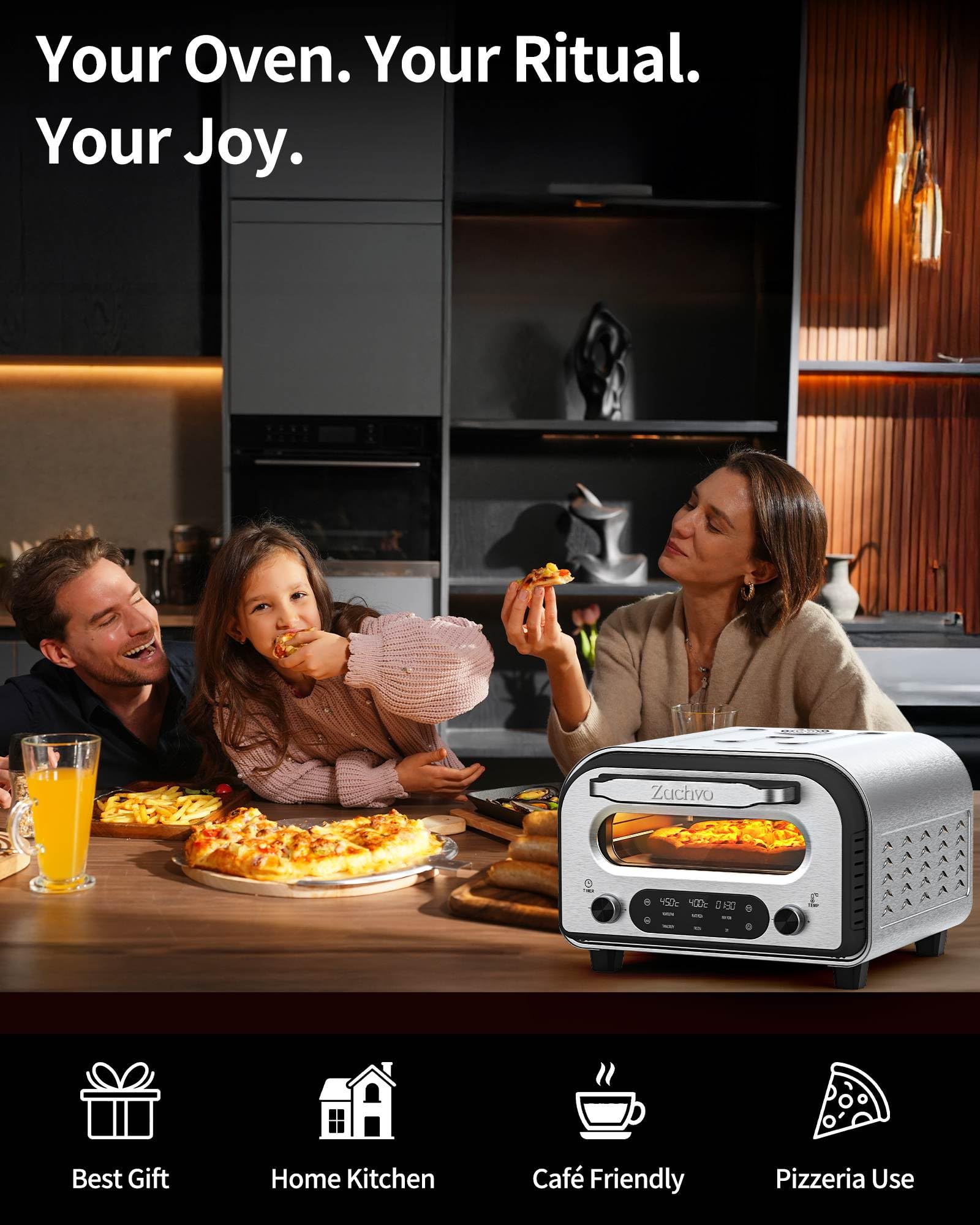 ZACHVO Elektrischer Pizzaofen - bis 450℃, 5 voreingestellte Pizzaarten, 1-60 Min Timer, Touchscreen & Drehregler, Edelstahlgehäuse, für 32cm Pizza, inkl. Pizzastein, Pizzaschieber, Rezeptbuch, Schwarz