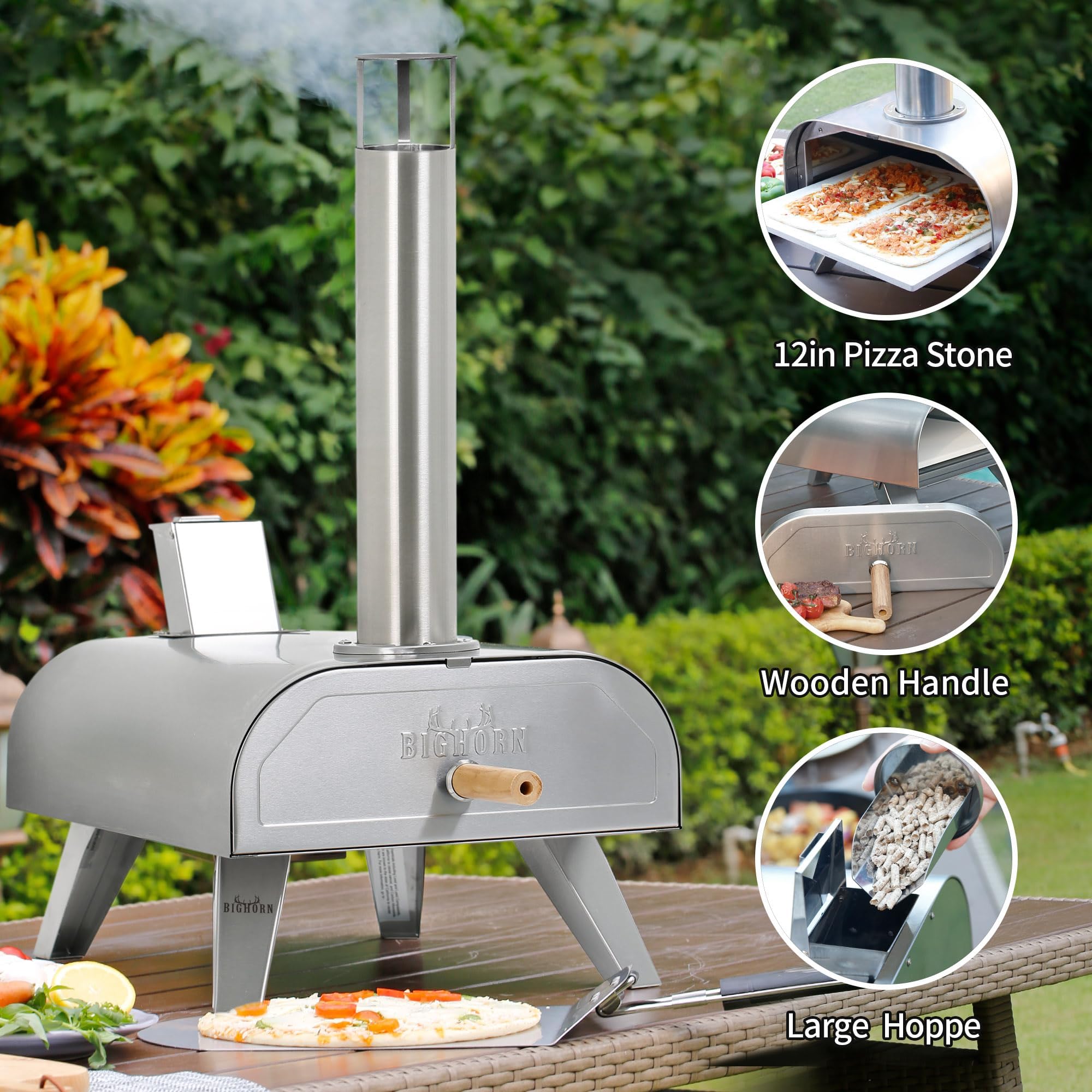 BIG HORN OUTDOORS Pizzaofen für Holzpellets, tragbarer Edelstahl-Pizzagrill