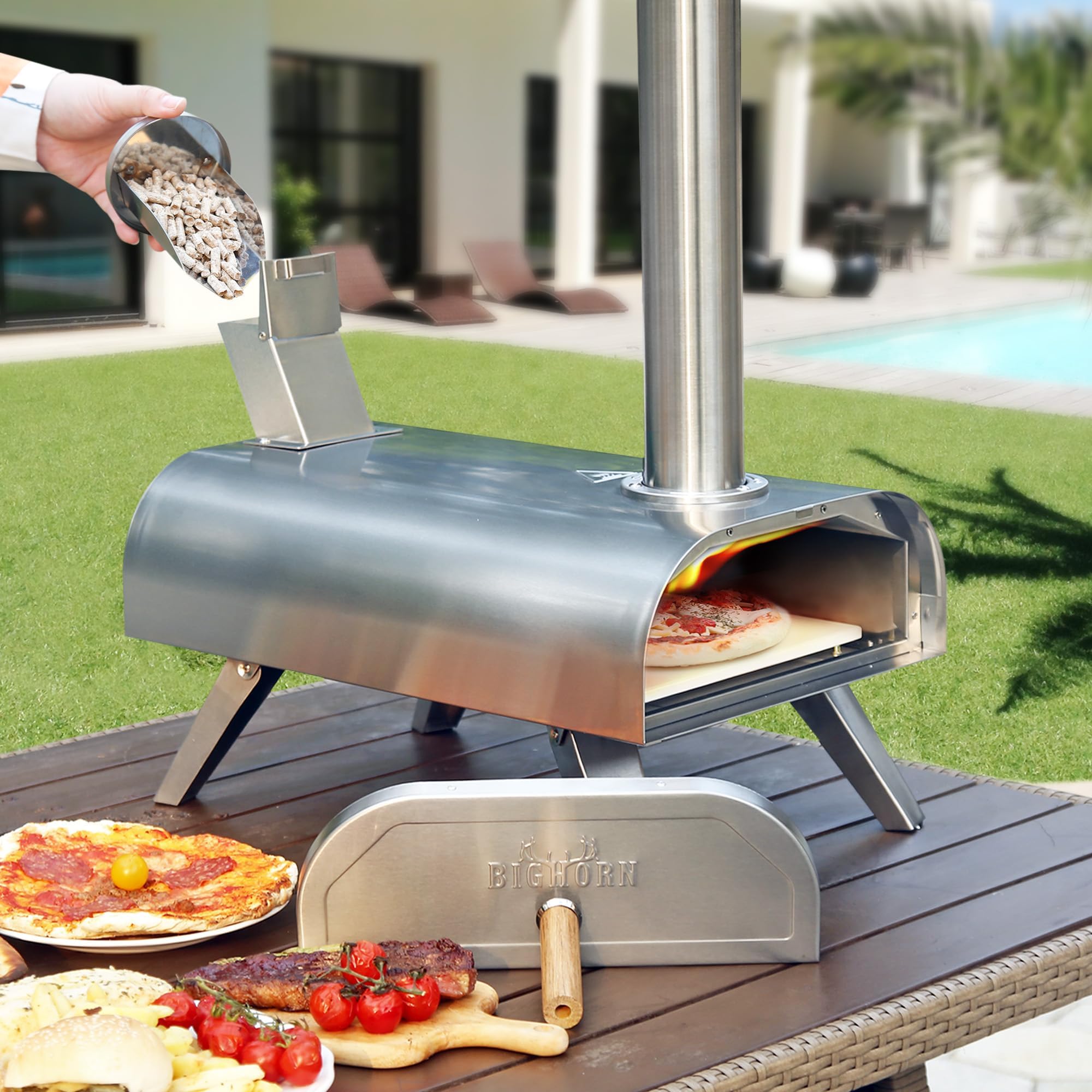 BIG HORN OUTDOORS Pizzaofen für Holzpellets, tragbarer Edelstahl-Pizzagrill